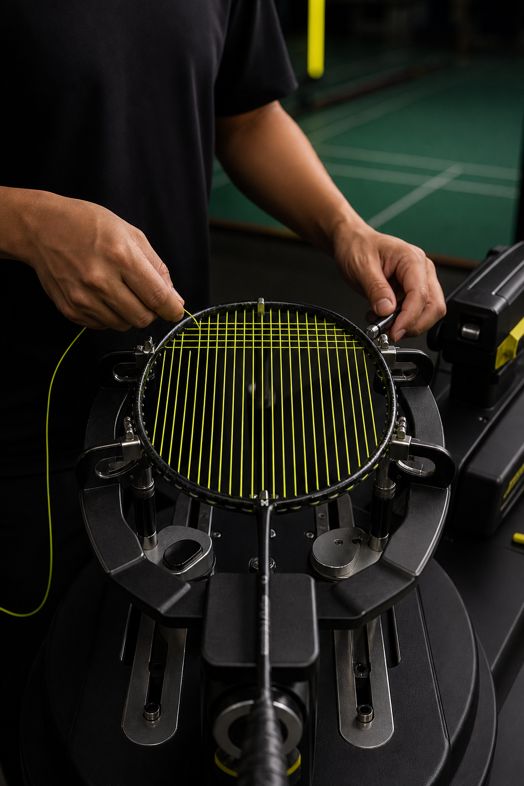 Raquette de badminton montée sur une machine de cordage professionnelle